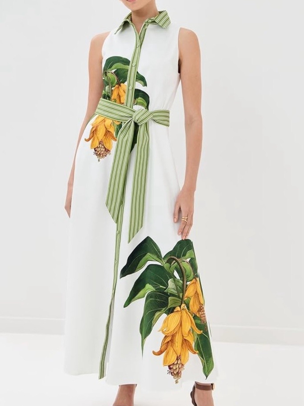 Borgo De Nor White Maxi Dress with Green Trim and Yellow Floral Print